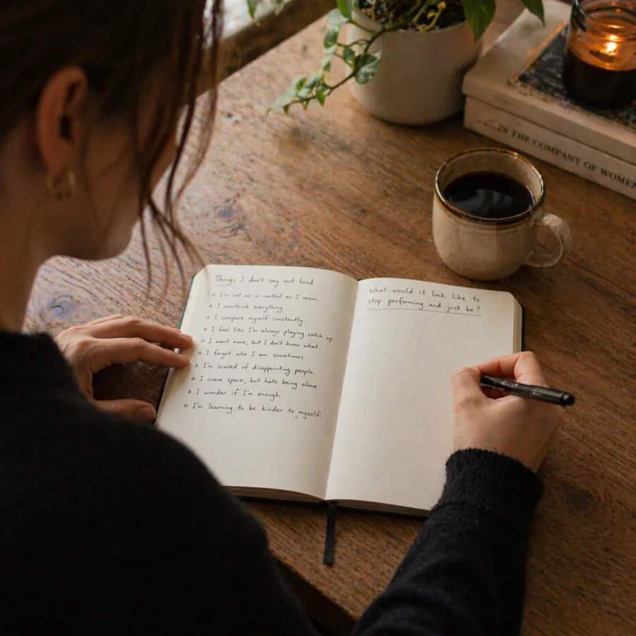 Over-the-shoulder view of a woman writing a list of hard truths in her open journal, morning coffee nearby.