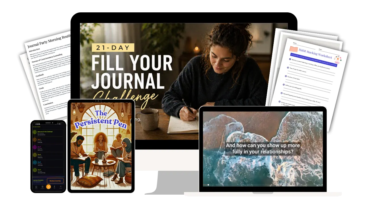 Everything included with the 21-Day Fill Your Journal Challenge and Persistent Pen bonus.