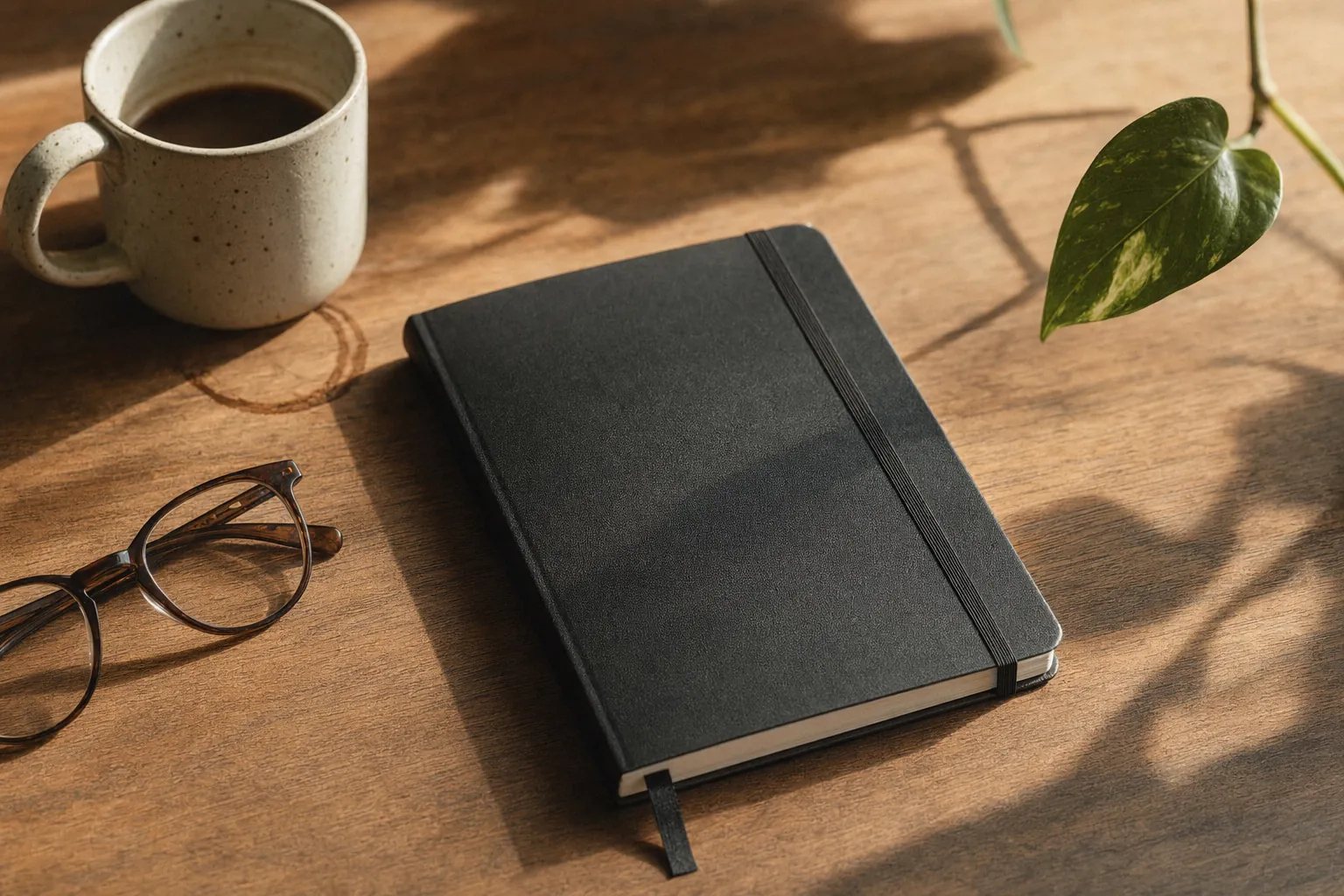 A closed Moleskine-style paper journal with a pen and coffee nearby