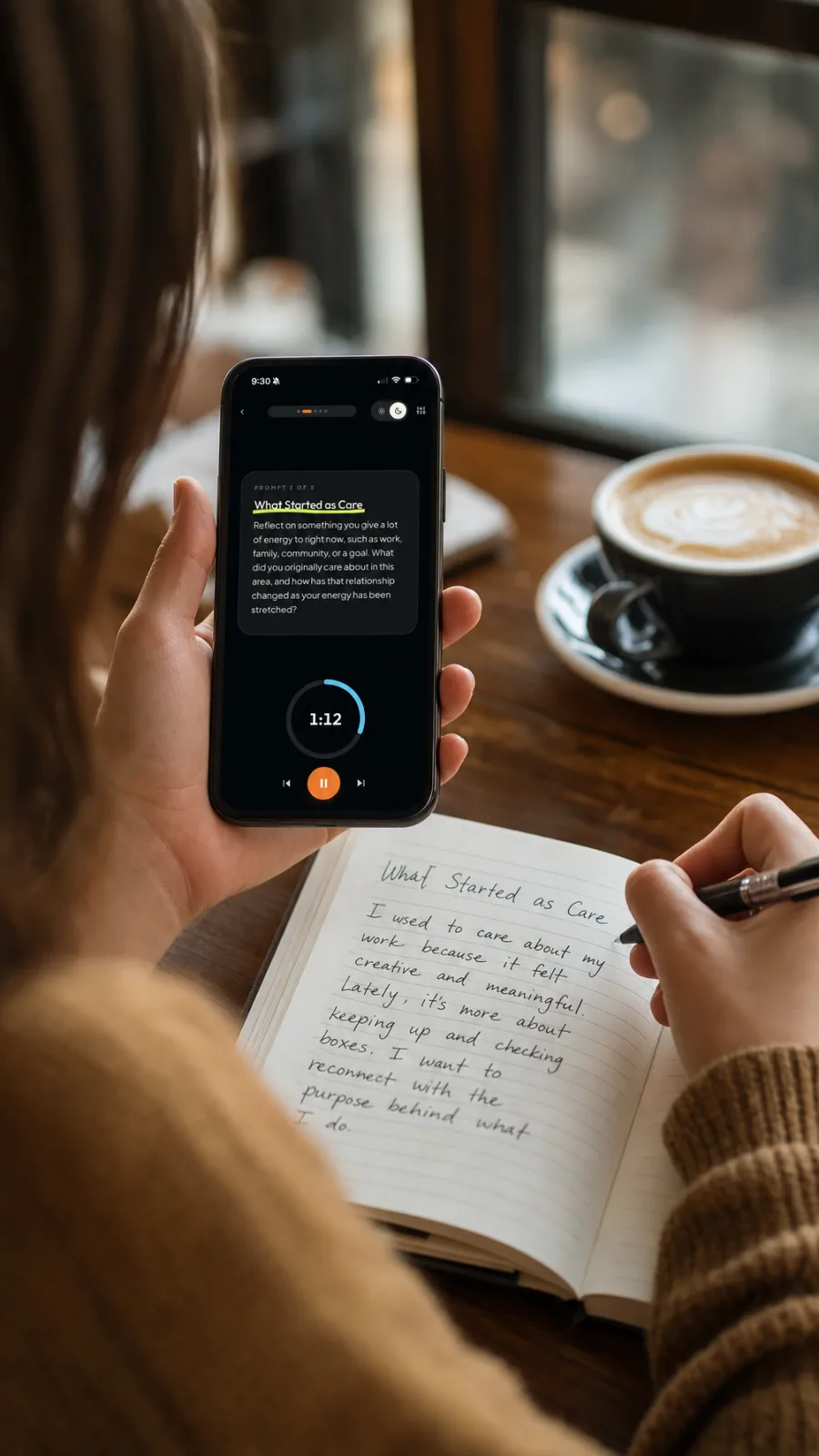 Journal Party prompt and timer on a phone beside a handwritten journal
