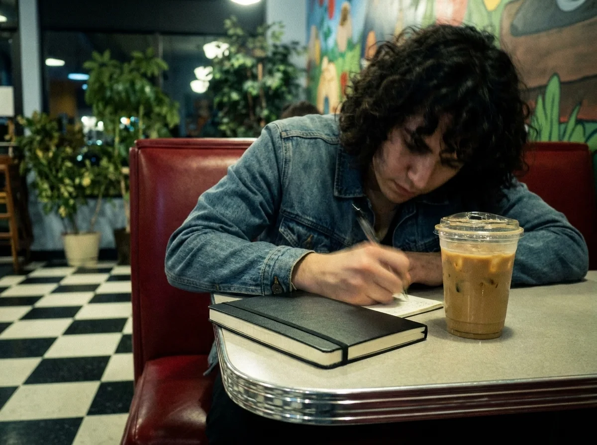 Person writing by hand in a paper journal at a cafe booth