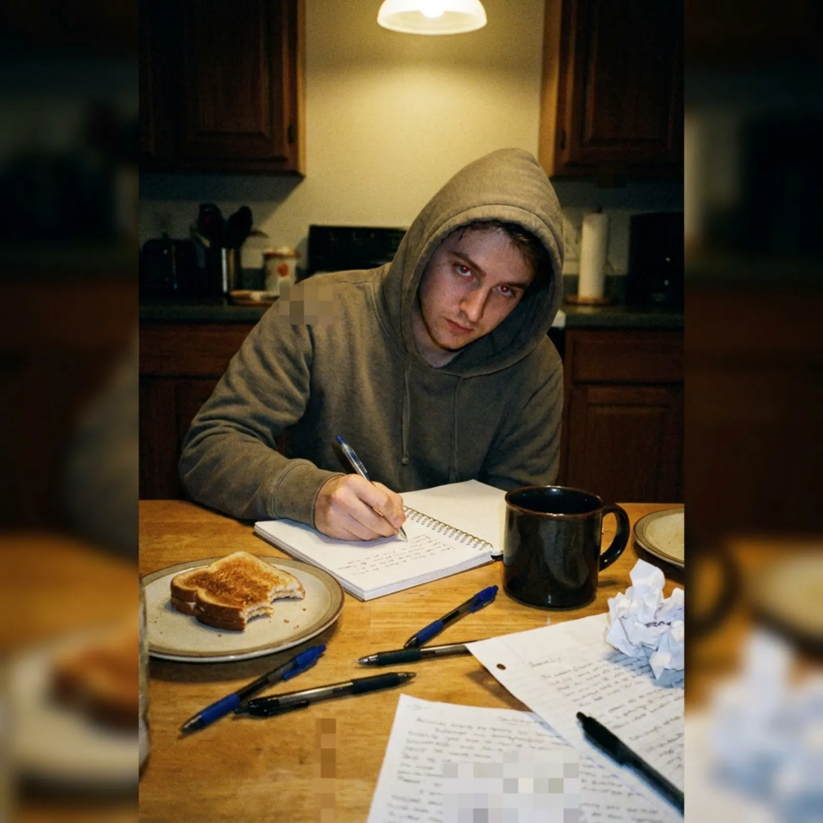 Person writing by hand in a paper journal at a kitchen table in morning light