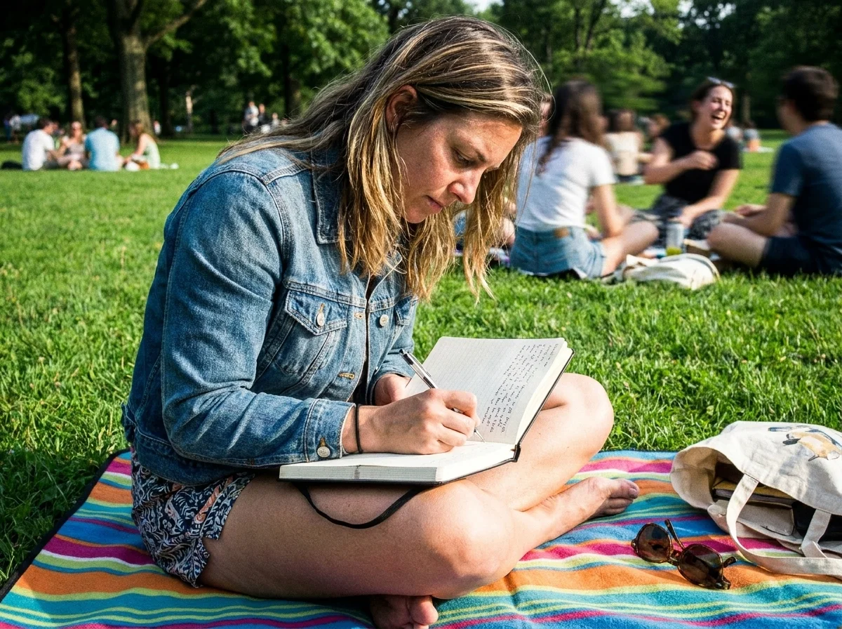 Person writing by hand in a paper journal on a park blanket
