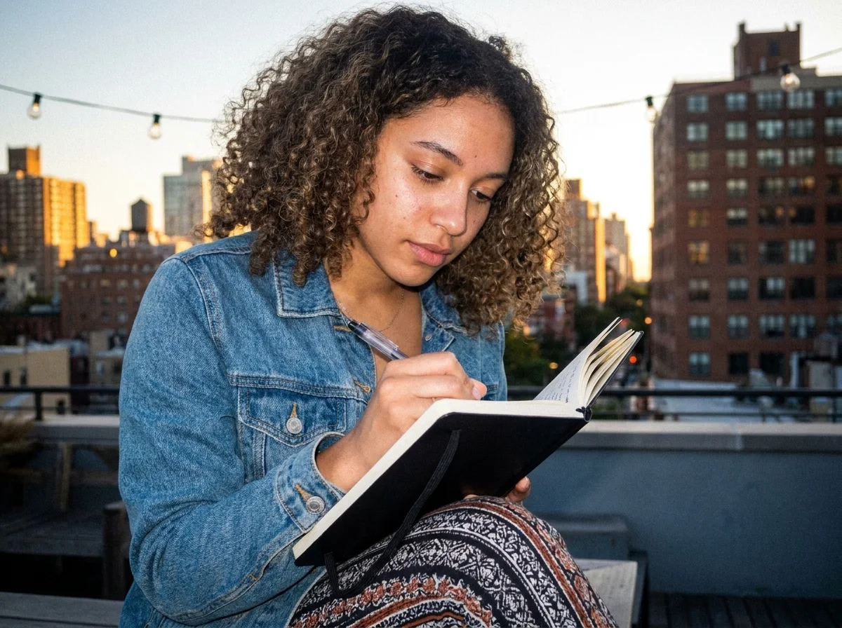 Person writing by hand in a paper journal on a rooftop at golden hour