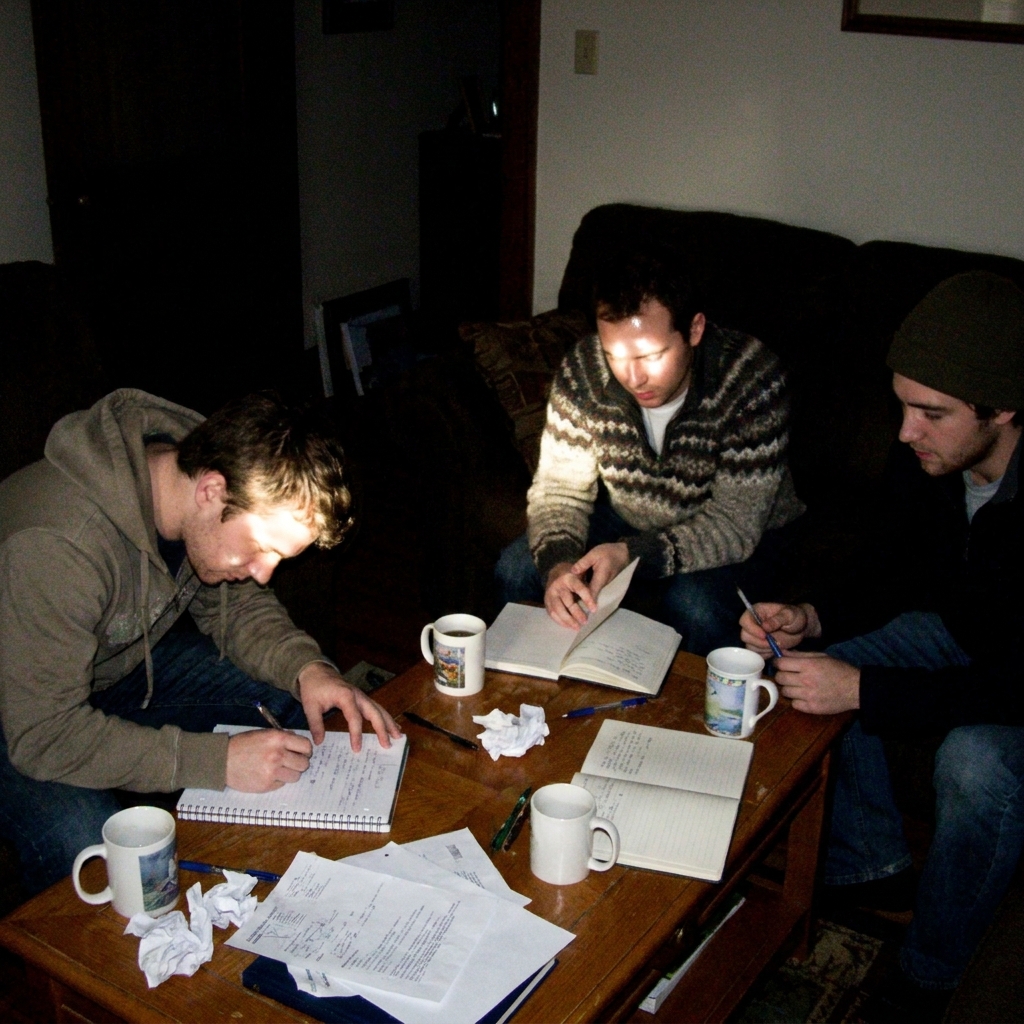 Friends writing by hand in paper journals in a living room
