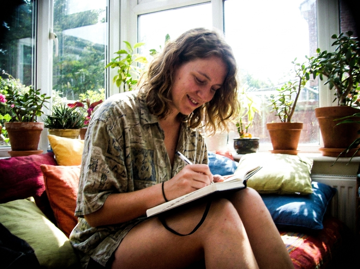 Person writing by hand in a hardbound journal in a sunlit sunroom on a quiet morning