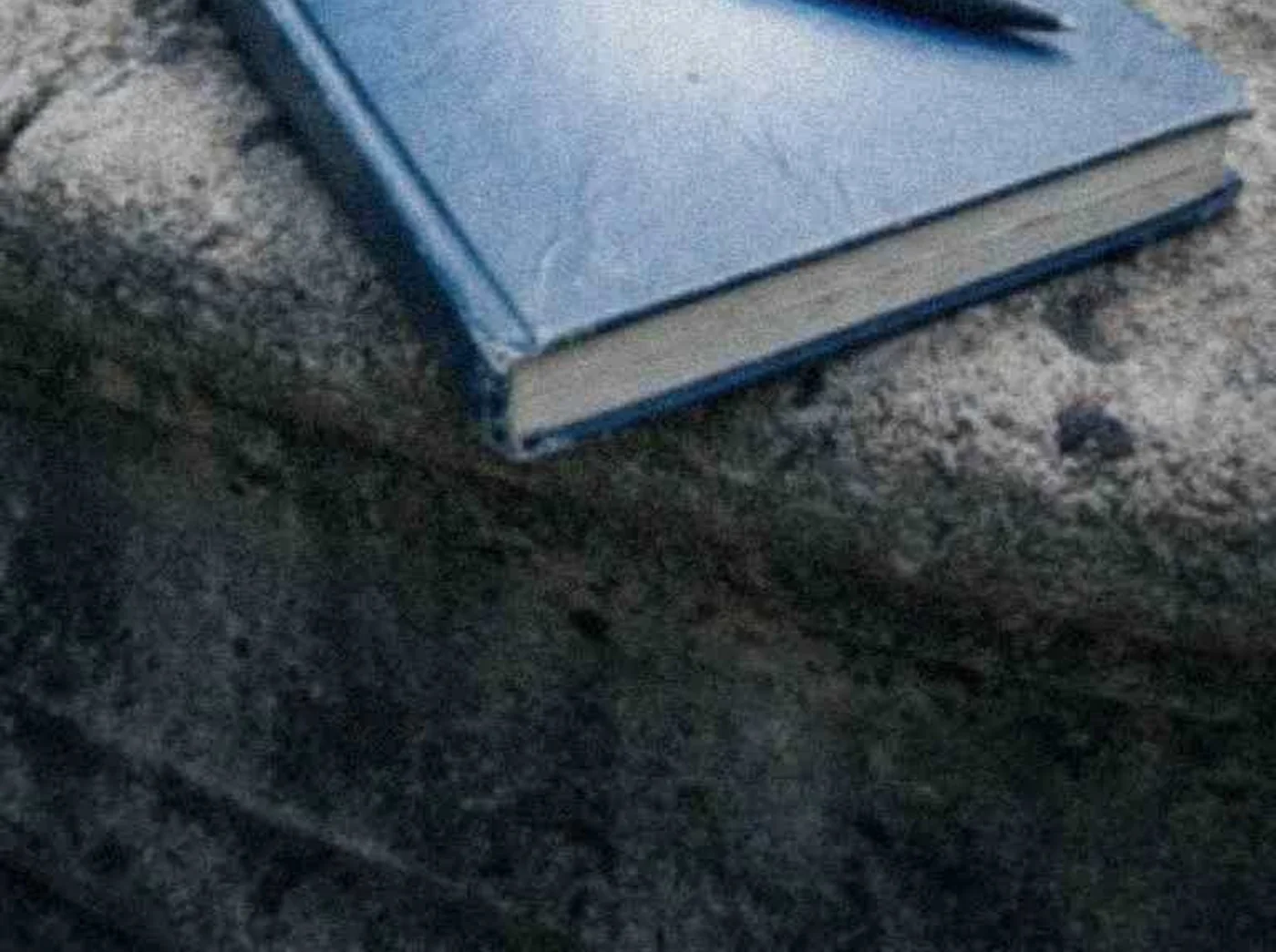 Closed paper journal and pen beside a garden fountain