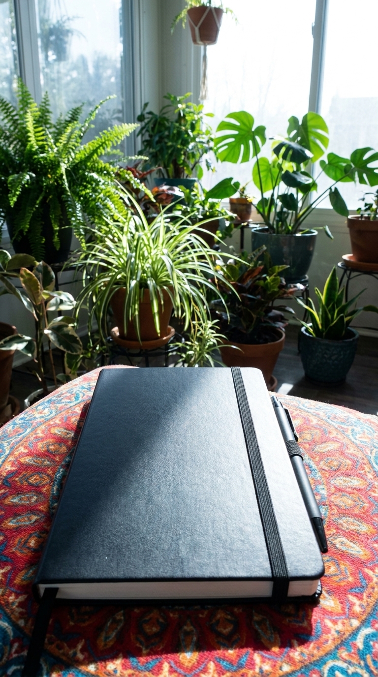 Hardbound paper journal open beside a pen in warm light